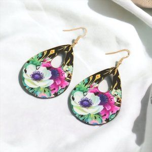Polyresin Flower Print Water Drop Earrings